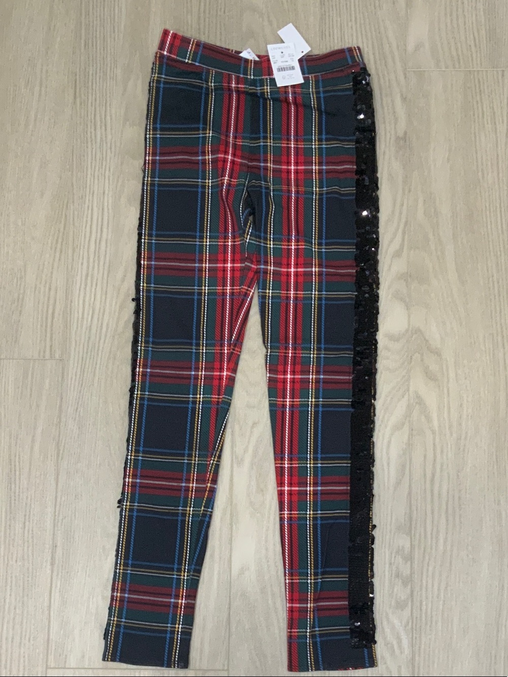 Girls Plaid Sequin-Trim Leggings - Red/Navy